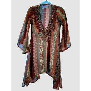 Bohemian Kimono‎ Style Beaded Dress Antica Sartoria Medium Y2k Hippie Sexy Sheer